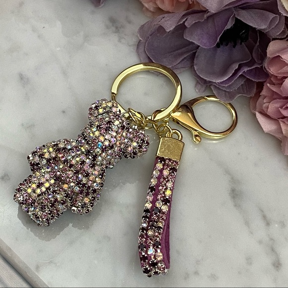Multicolor Purple Crystal & Leather Strap Bear Keychain - Picture 5 of 13